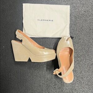 Robert Clergerie Shimmery Beige Peep-Toe Platform Slingbacks